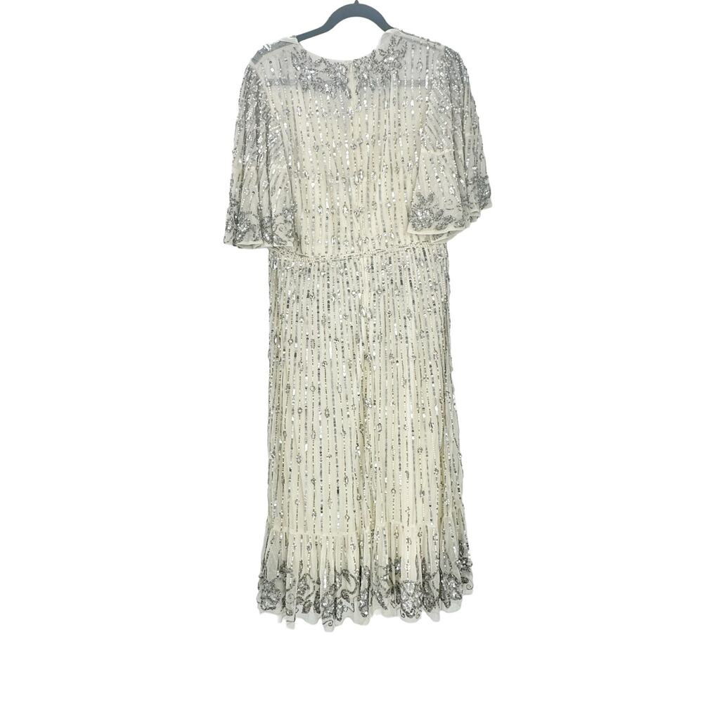 Mac Duggal Women's Nude Silver Sequined Flounce Sleeve Midi Dress Size 6 NWT - Picture 9 of 13